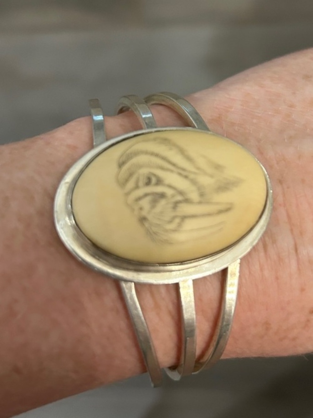 Sterling Silver Scrimshaw Cuff, depicting a Walrus